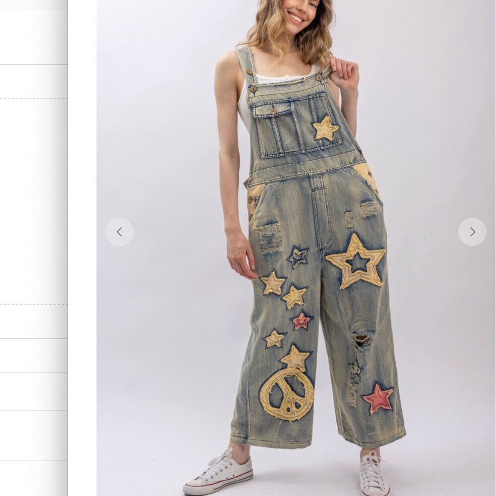 Blue Velvet StarPatchwork Denim Full Size Overalls NEW